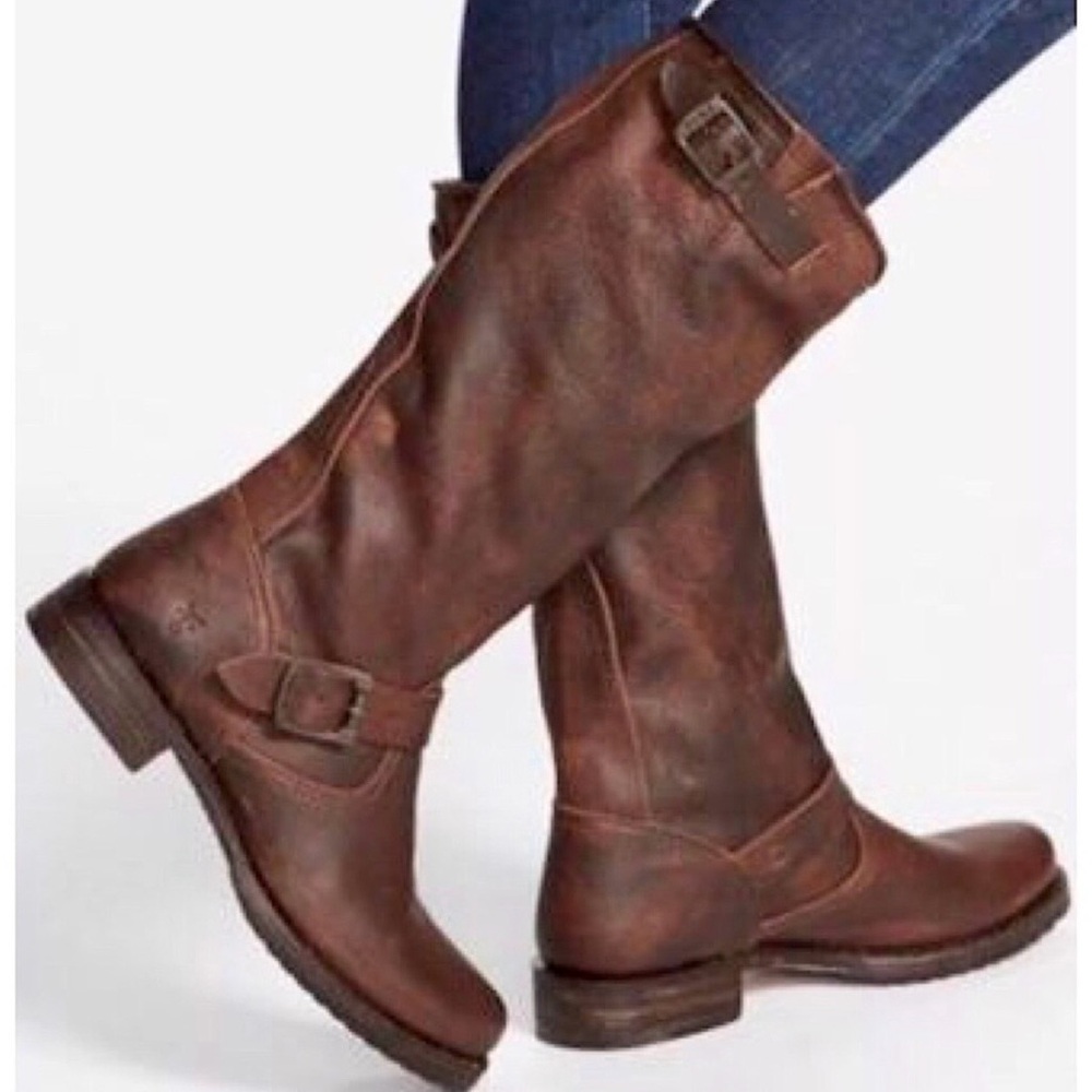 Frye Cognac Brown Leather Mid-Calf Buckle Riding Boots